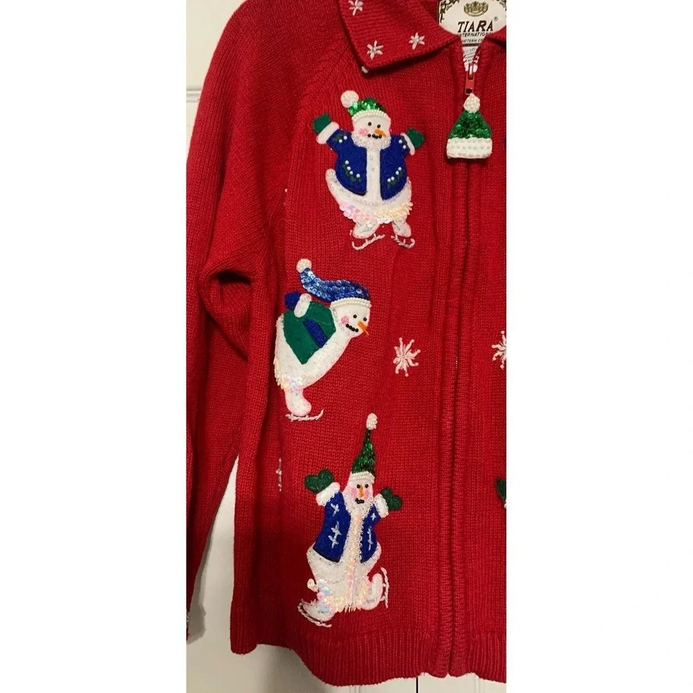Vintage Tiara International Red Christmas Snowman Zip Up‎ Cardigan Sweater Sz L